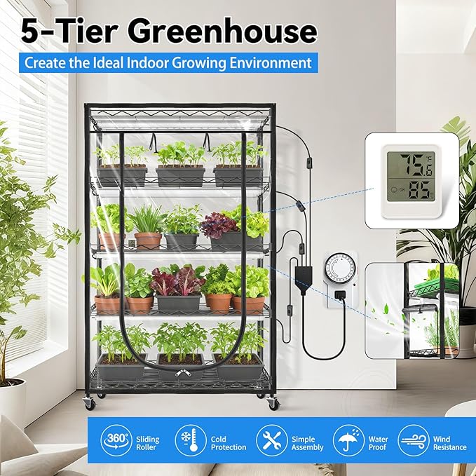 JESLED Indoor Greenhouse with Grow Light, 3FT Full Spectrum 5000K LED Light for Seed Starting, Tiered Lighting Control, Built-in Timer & Thermo-Hygrometer, Rolling Metal Plant Stand (35.4x13.8x70 in)