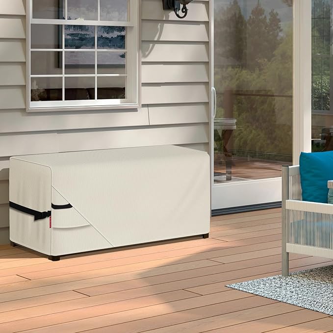 Porch Shield Patio Deck Box Storage Cover - 600D Outdoor Waterproof Cover for 150-230 Gallon Box Tear Resistant Rectangular Fire Pit Table Covers 61 x 28 x28 inch Beige