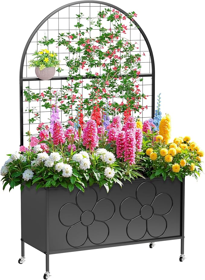 Metal Planter Box with Trellis 64'' Tall Outdoor Raised Garden Bed with Trellis for Climbing Plants Vine Privacy Planter for Yard Garden