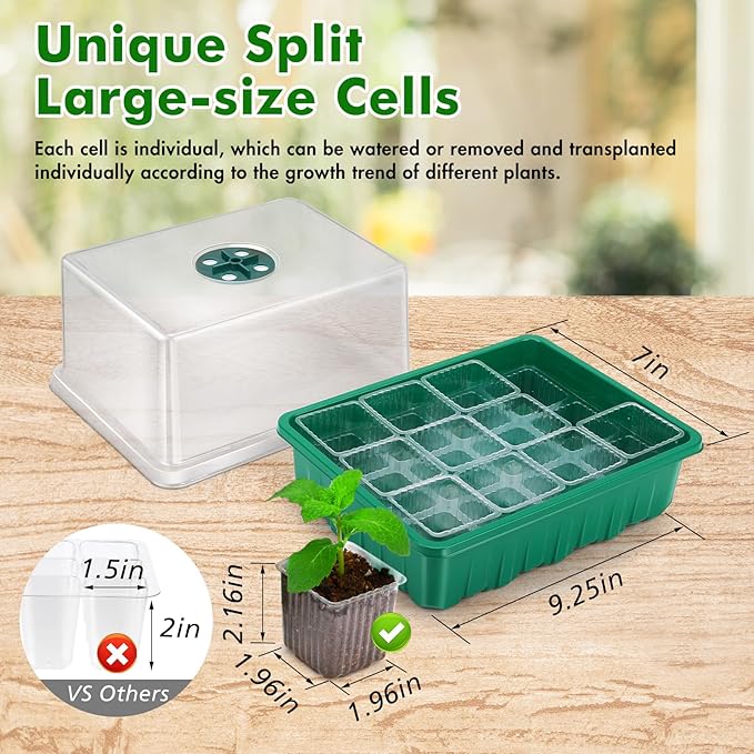 72 XL Cells Seed Starter Tray, 6 Packs Seed Starter Kit Large Size Individual Cells, Seedling Starting Trays with Humidity Dome and High Lid, Germination Kit for Indoor Greenhouse Seed Starter