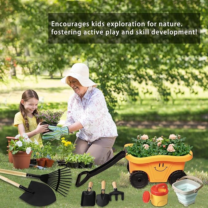 Todders Wheelbarrow Gardening Set, Kids Rake and Shovel Set for Dirt Digging, Garden Tools Equipment for Yard Outdoor Sandbox Summer Toys Gifts for Ages 2-5 Years