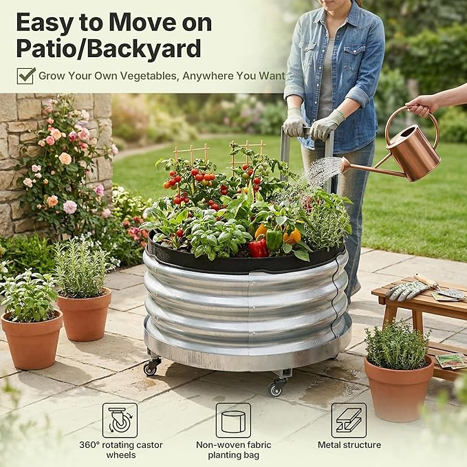 Galvanized Metal Raised Garden Bed Outdoor with Wheels, Planters Box for Outdoor Plants with Geotextile Grow Bag & Plastic Tray Pad, for Vegetables/Herbs/Flowers, 24" X 24"