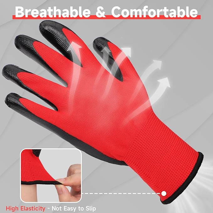 Nitrile Coated Work Gloves - 12 Pairs Red Construction Gloves for Women & Men Winter Work, Reusable Firm Grip Heavy Duty Gloves for Working, Gardening, Fishing, Climbing, Extra Large