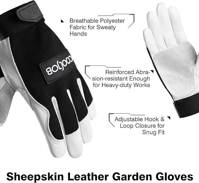 COOLJOB Sheep Skin Leather Garden Gloves with Abrasion Resistant Grip, Thorn Puncture Proof Work Gloves for Landscaping, M-XL