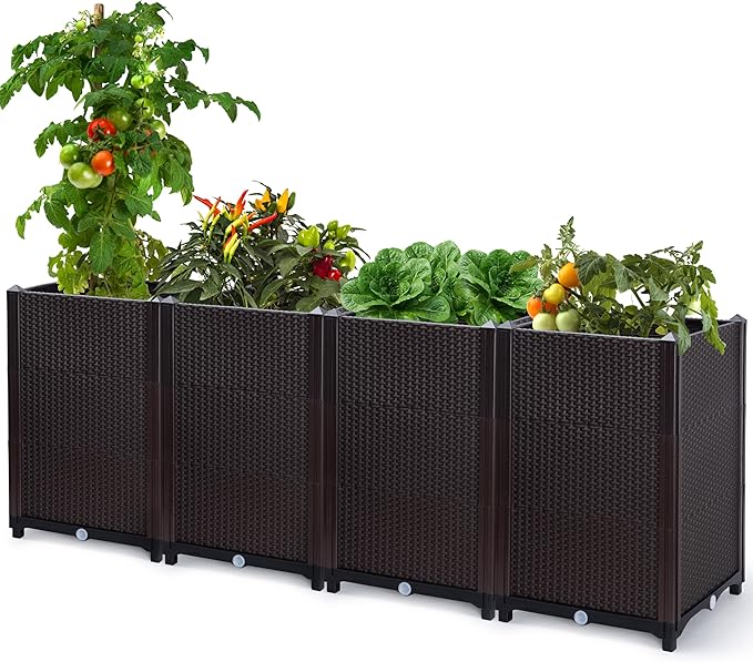 D'vine Dev Raised Patio Planter Box - Elevated Planter with Drainage Plug Raised Garden Beds for Growing Flowers, Herbs, Vegetables - Outdoor Standing Gardening Kit, Set of 4, RGB-D-4N