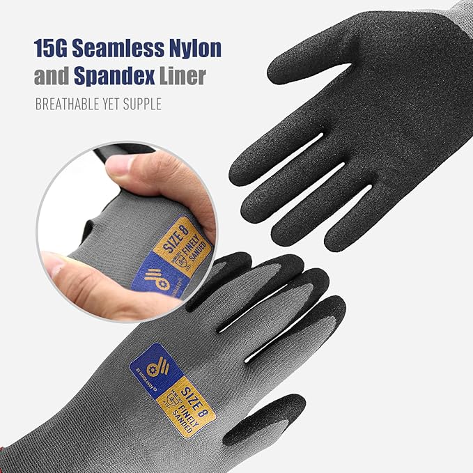 HANDLANDY 6 Pairs Safety Work Gloves with MicroFoam Nitrile Coated - Breathable Nylon Gloves with Grip for Men & Women