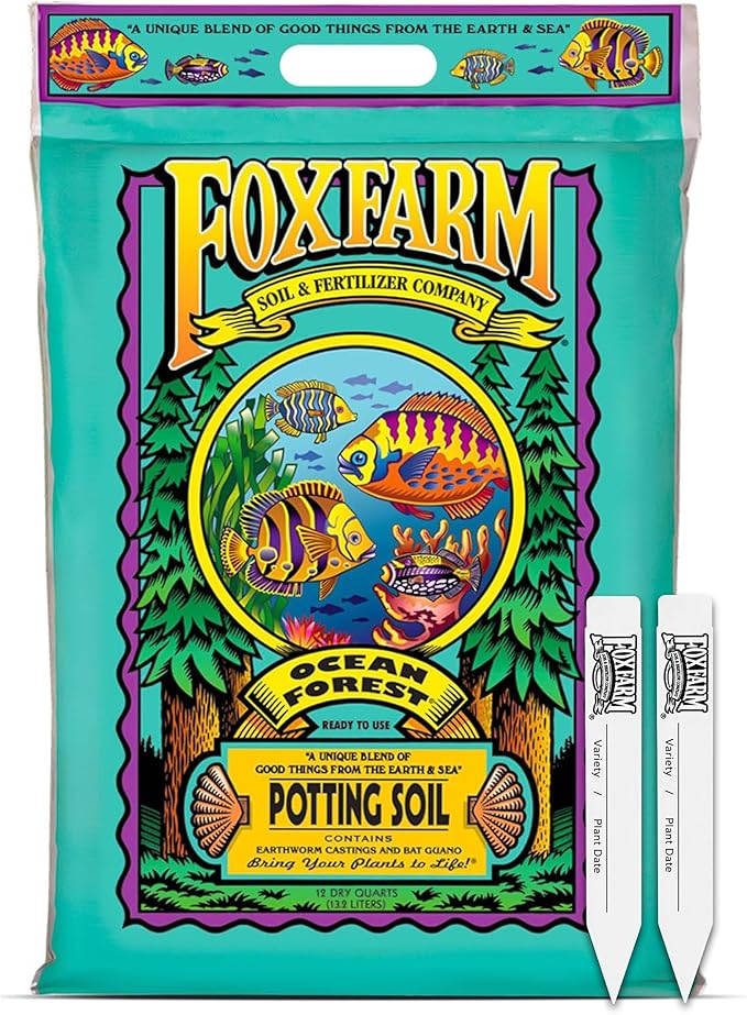 FoxFarm Ocean Forest Potting Soil with 2 Plant Tags, 12 Quarts - Light, Aerated Texture with Fish Meal, Crab Meal, Earthworm Castings - Houseplant Potting Mix for Seedlings & Plant Starts
