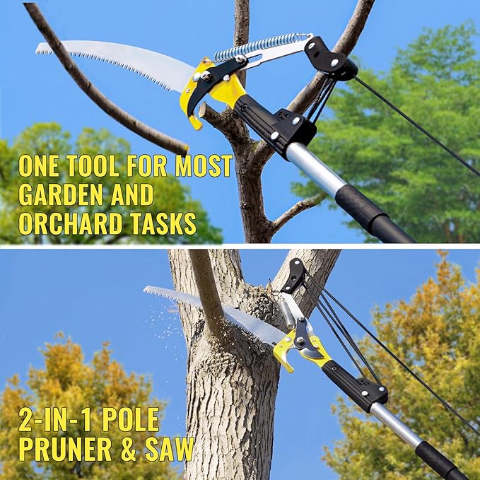 10.5FT Pole Saw for Tree Trimming, 2-In-1 Manual Tree Pruner with Saw, Extendable Long Handle Pole Tree Trimmer, High Reach Limbs Branch Cutter and Pruning Shears for Yard Garden Palm Shrubs