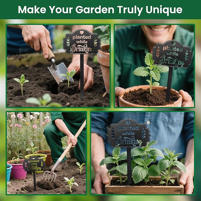 CUTHOLLOW Metal Plant Marker Stake Planted While Drinking for Outdoor Indoor, Waterproof 11.8 inch Cute Garden Plant Labels Sign Tag for Vegetables, Farmhouse Greenhouse Decor - Funny Gardening Gifts