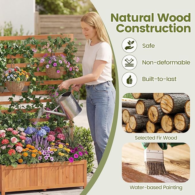Giantex Set of 2 Raised Garden Bed with Trellis, 59” Tall Planter Box with Liner, Drainage Gaps for Climbing Vine Vegetable Flower, Indoor Outdoor Freestanding Privacy Screen for Porch Patio Yard
