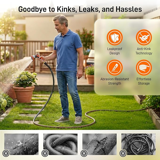 Garden Hose, 75ft 5/8" Heavy Duty Rubber Water Hose, 550 PSI Burst, 360° Anti-Kink Swivel Connectors, All-Weather Flexible, Leakproof 3/4" Brass Male to Female Fittings
