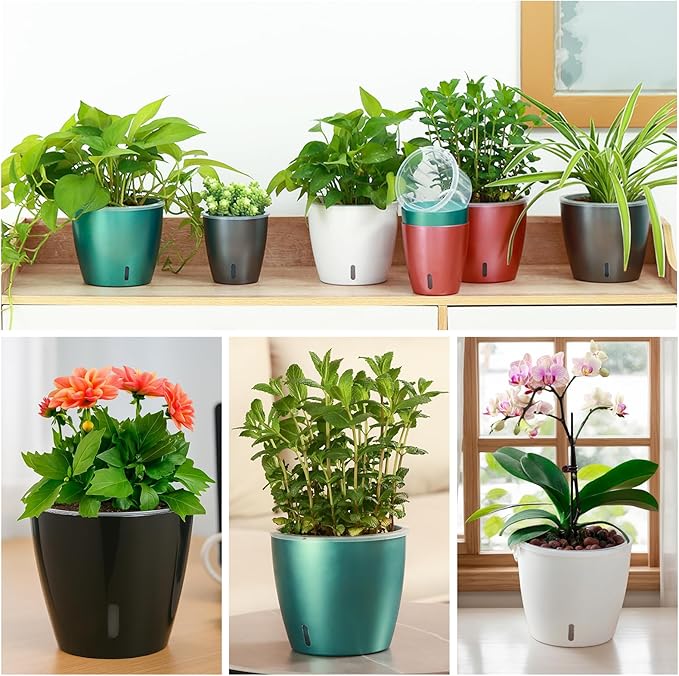 Self-Watering Pots for Indoor Plants, 8-Pack 6.7'' Self Watering Planter with Drainage Holes, Small African Violet Pots with Water Indicator, Clear Wick Pot, White