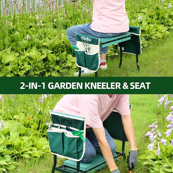 Ohuhu Garden Kneeler and Seat Heavy Duty, Upgraded Gardening Stool with Thicker and Wider EVA Foam Kneeling Pad Foldable Garden Bench with 2 Large Tools Pouches, Christmas Gardening Gifts for Seniors