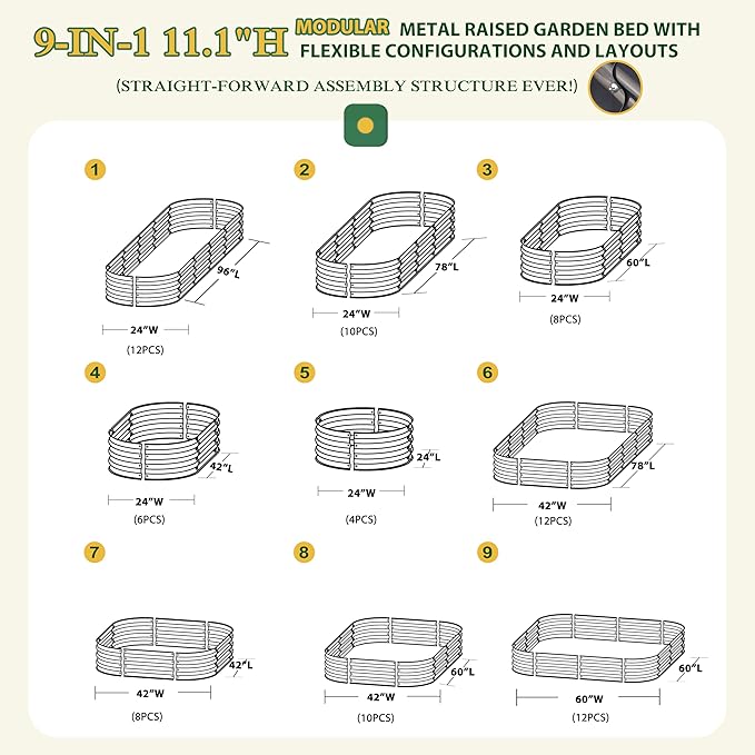 VEIKOU 8×2x1FT Raised Garden Bed, Galvanized Planter Box, 9 in 1 Modular Garden Bed for Outdoor Backyard Vegetables, Flower, Grey