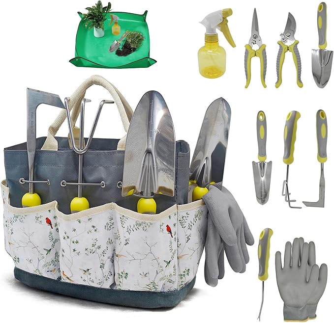 Garden Tool Set, 11-Piece Heavy-Duty Stainless Steel Hand Tools with Ergonomic Non-Slip Handles, Floral Tote Bag, Gloves, Spray Bottle and Repotting Mat, Gardening Gift for Women