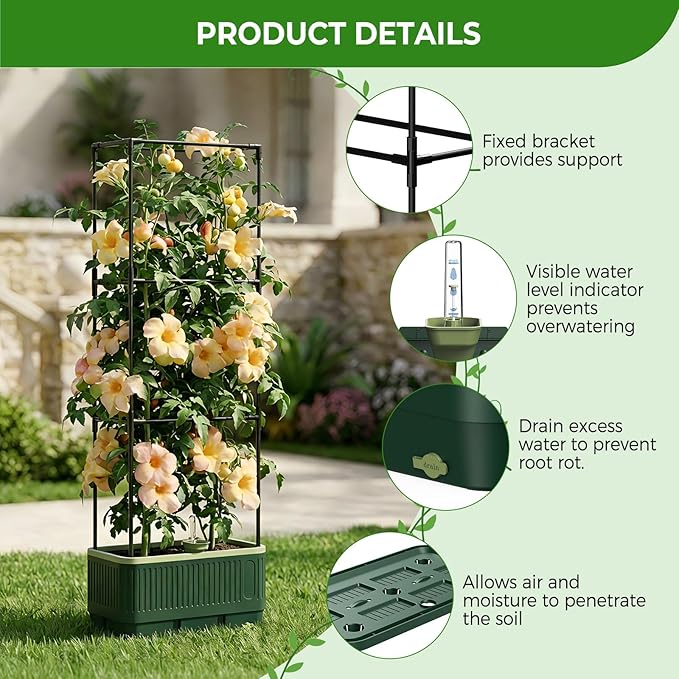 2Pack Raised Garden Bed Tomato Planter with Trellis, 52" Self Watering Tomato Planter with Water Level Indicator, Larger Rectangular Tomato Cages for Indoor & Outdoor Climbing Vegetable and Plants (2)