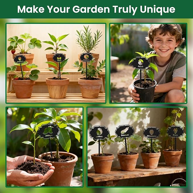 CUTHOLLOW 8PCS Metal Plant Markers Stakes Fruits and Vegetable for Outdoor Indoor, 3.5"x7" Waterproof Cute Garden Plant Labels Signs Tags for Farmhouse Greenhouse Decor - Funny Gardening Gifts