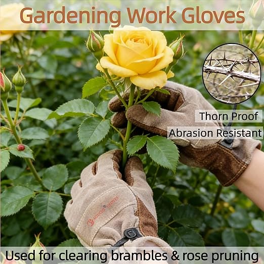 Leather Gardening Gloves for Men, Work Gloves for Welding, Construction, Chainsaw, Farm, Ranch, Yard Work, Abrasion Resistant, Cactus Thorn Proof (Brown, X-Large)
