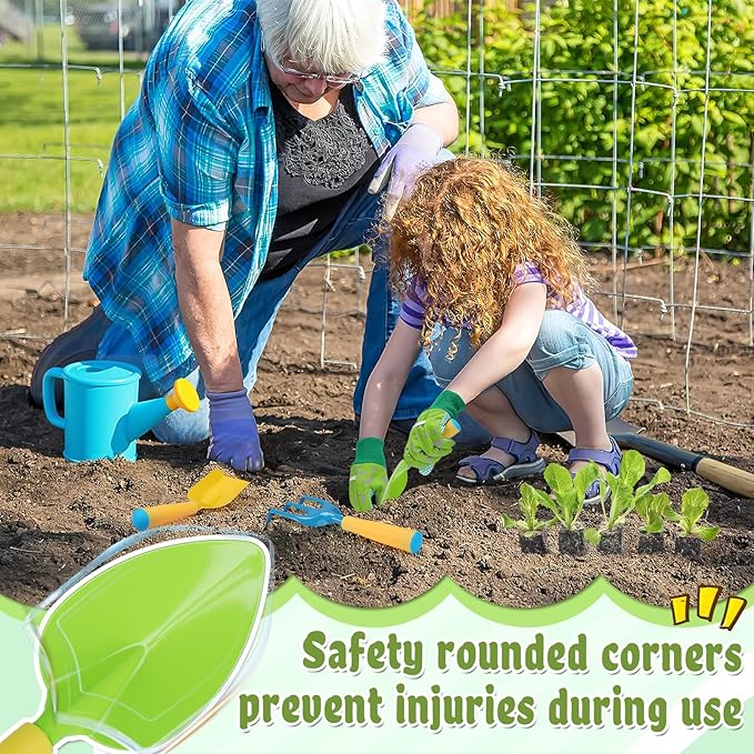 Biubee Kids Gardening Tools Set - Sturdy Kids Watering Can Toy Toddler Children's Gardening Kit Set with Metal Shovel Hand Rake Gloves for Girls Boys Birthday Gift Outdoor Beach Sand, Cyan