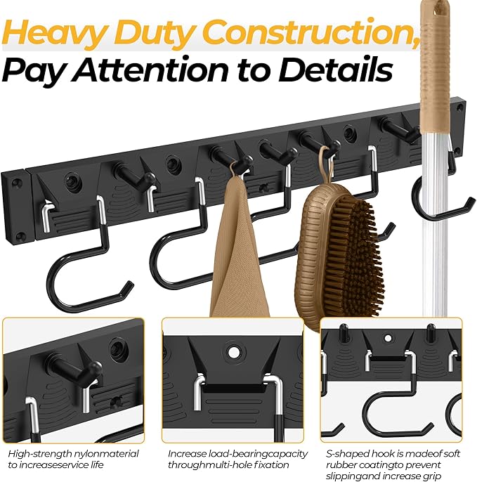 34 Inch Garden Tool Organizer Wall Mount with Non Slip Rubber Coated Metal Hooks, Storage Rack for Indoor/Outdoor Shovel, Rake, Mop and Broom Holder Wall Mount （ 10 Hooks+10 Holders