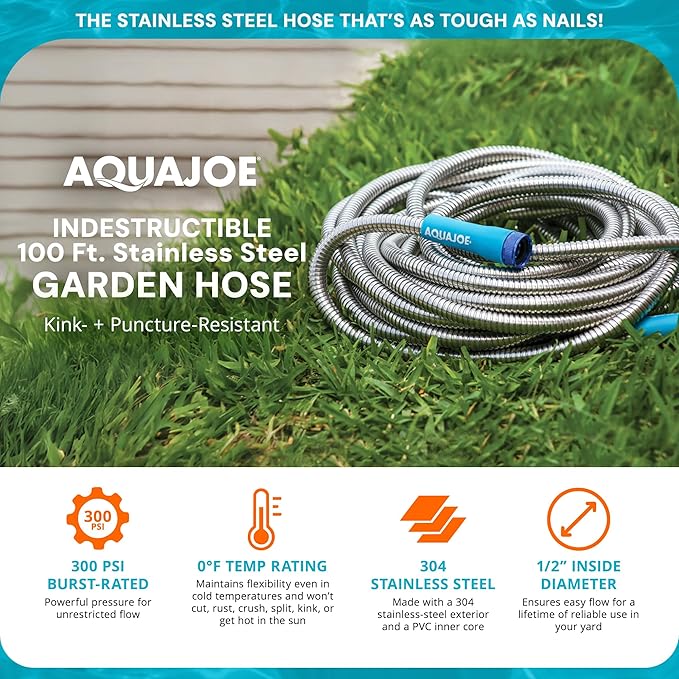 Aqua Joe AJSGH100 1/2-Inch Heavy-Duty, Puncture Proof Kink-Free, Spiral Constructed 304-Stainless Steel Metal, Garden Hose, 100-Foot