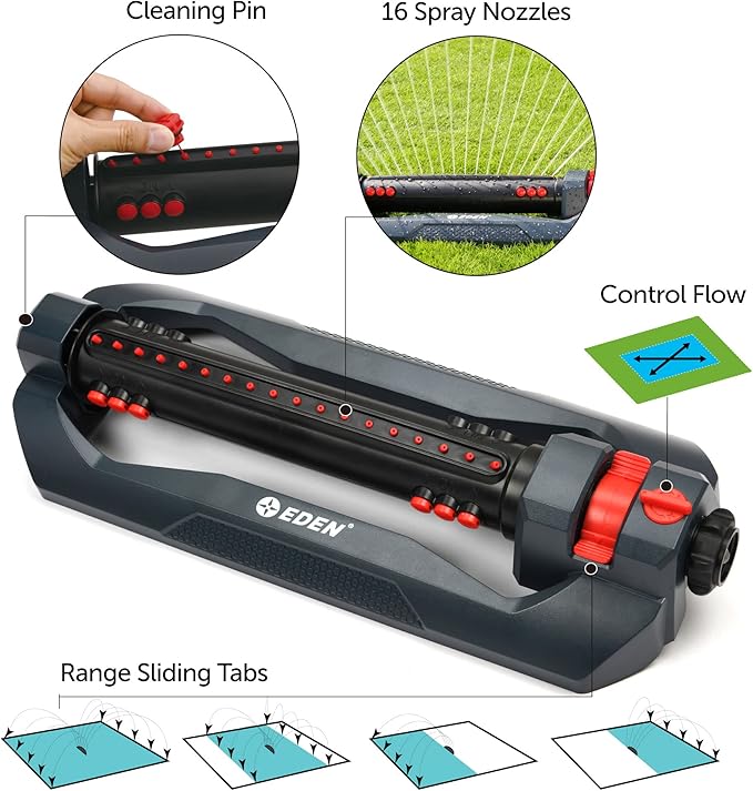 Eden 96212 Turbo Oscillating Sprinkler | Covers Up to 4,400 sq. ft., 18 Precision Nozzles, Adjustable Range, Flow Control, Triple Nozzle Width Switches, Turbo Drive Motor, Quick Connect Bundle