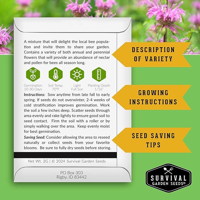 2 Packs Bee Pollinator Mix Seed for Planting - Packet with Instructions to Grow Annual & Perennial Flowers to Feed Bees in Your Home Garden - Non-GMO Heirloom Varieties - Survival Garden Seeds