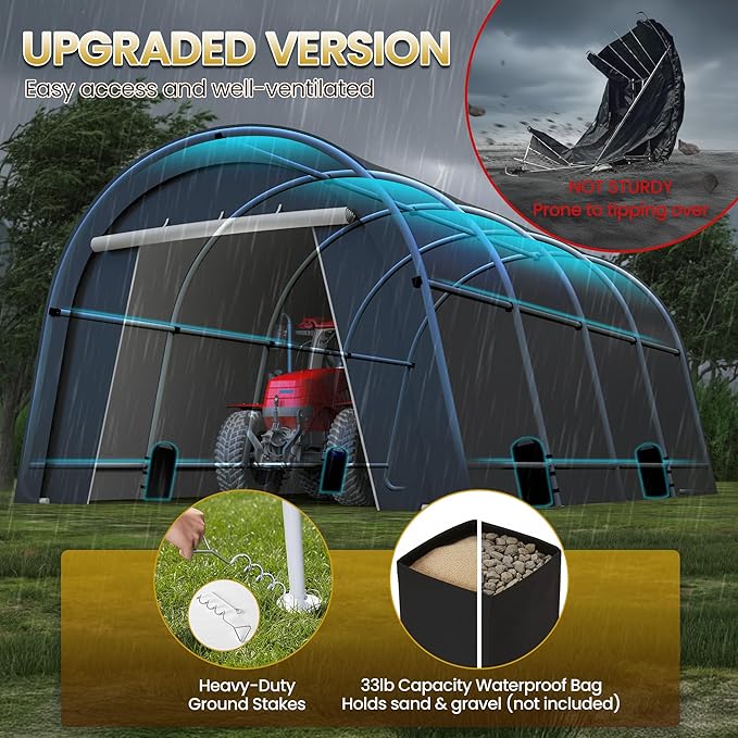 Domed Carport with 4 Cloth Bags, Portable Garage with 2 Roll-up Doors, Heavy Duty Car Canopy Party Tent, All-Season Storage Shelter Shed for Cars, Truck, or Garden Tools, 13' x 20'