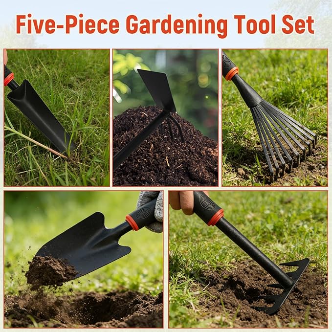 FR 5-Piece Garden Tool Set – Heavy Duty Hand Weeder Kit with Trowel, Cultivator & Rake – Ergonomic Manual Gardening Tools for Digging, Planting & Weed Removal in Lawn & Flower Beds