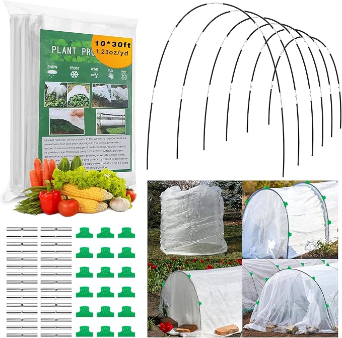 Plant Covers Freeze Protection Kit, 10 x 30 FT 1.23 Oz/yd² Frost Blanket Garden Hoops Kit for Winter, 36 Hoop, Reusable Greenhouse Bed Covers Tunnel, Snow Pest Protection for Outdoor Plant Raised Bed