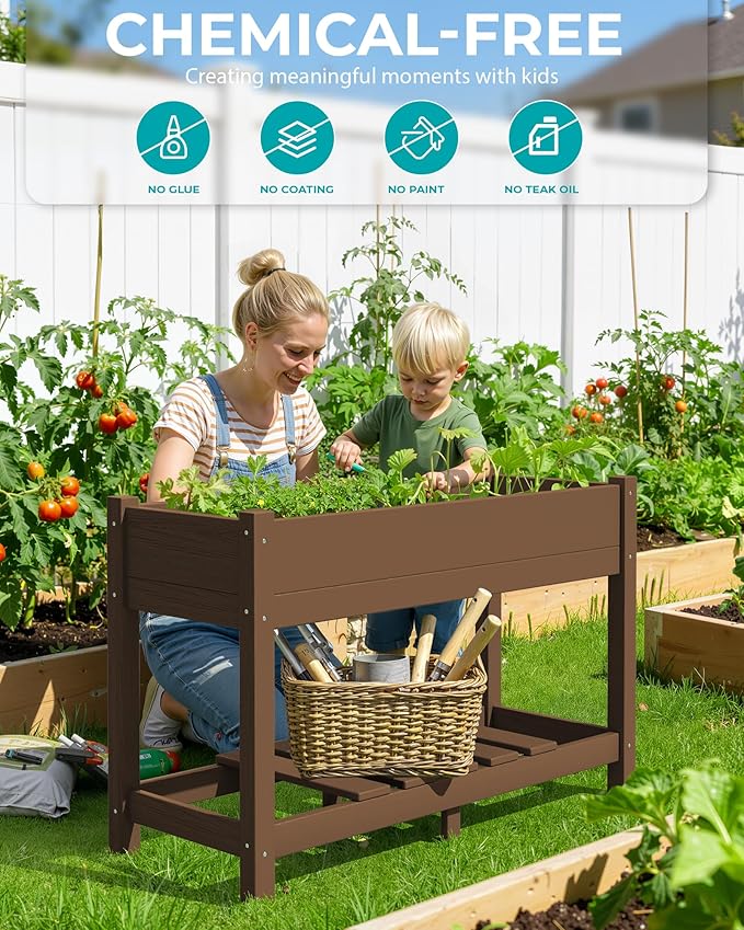 SERWALL Raised Garden Bed with Legs Set of 2, 43"×17"×30" Large HDPE Elevated Planter Box for Vegetables Flower Herb Patio, All Weather Use- Brown
