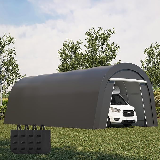 Kiss the Water Domed Carport with 4 Cloth Bags, Portable Garage with 2 Roll-up Doors, Heavy Duty Car Canopy Party Tent, All-Season Storage Shelter Shed for Boat, Truck, or Garden Tools, 12' x 25'