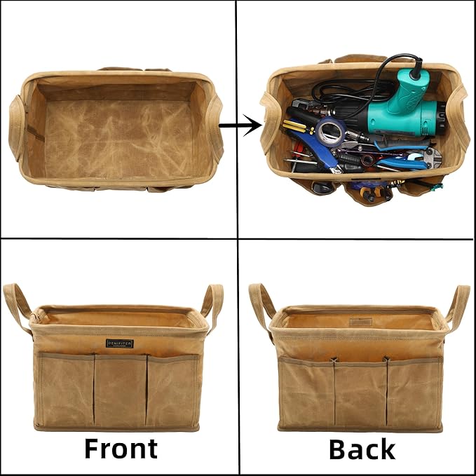 Heavy Duty 16oz Waxed Canvas Tool Bag, Rectangle Foldable Open Top Tool Bags with Handles,7 Pockets &13.8 x 7.8 x 7.8 Inches 3-Pack (Khaki)