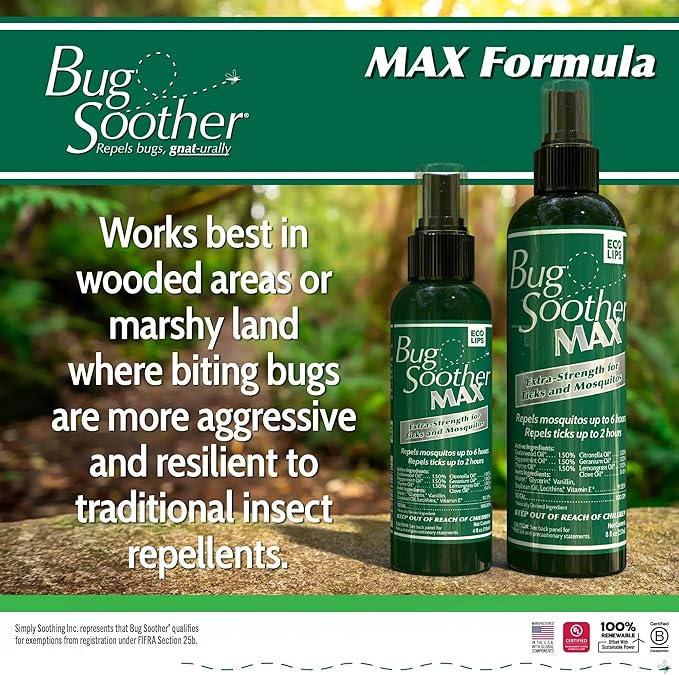 Bug Soother® MAX Natural Tick & Mosquito Repellent Spray – DEET-Free Extra Strength Outdoor Bug Protection, Plant-Based Formula – Made in USA (3ct 4 oz Bottles + 1 oz Bonus)