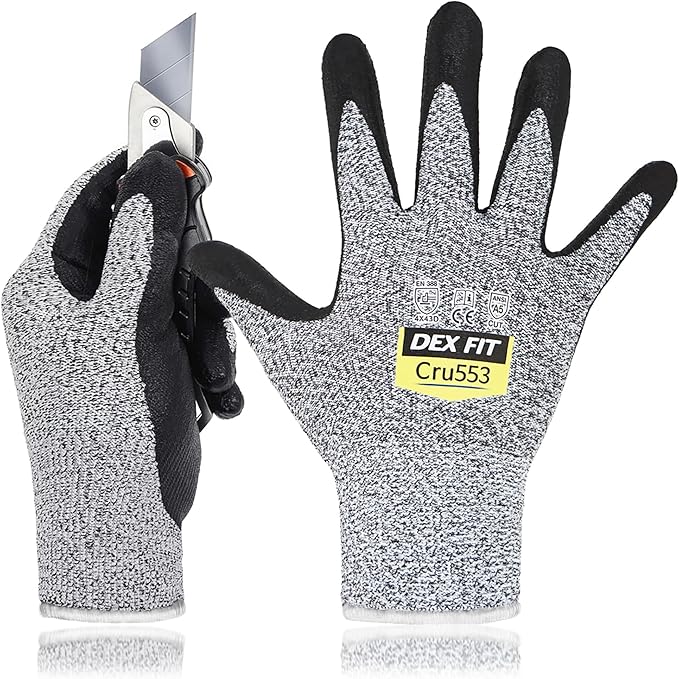 DEX FIT Level 5 Cut Resistant Gloves Cru553, 3D-Comfort Fit, Professional Power Grip, Thin, Touch-Screen Compatible, Durable, Breathable, Machine Washable; Grey S (7) 12 Pairs