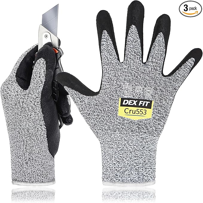 DEX FIT Level 5 Cut Resistant Gloves Cru553, 3D-Comfort Fit, Firm Grip, Thin & Lightweight, Touch-Screen Compatible, Durable, Breathable & Cool, Machine Washable; Grey S (7) 3 Pairs