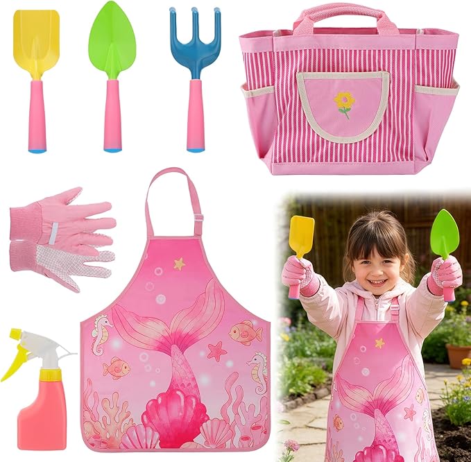 Kids Gardening Tool Set - Garden Tools for Kids with Shovel Trowel Rake Apron Gloves Watering Can and Tote Bag, Outdoor Toys Great Gifts for 3 4 5 6 7 8+ Years Old Girls (Upward Mermaid Tail)