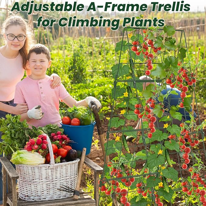 Adjustable A-Frame Trellis for Climbing Plants Outdoor, 48"x16" Cucumber Trellis for Raised Bed, Metal Garden Trellis with Grid Design, Tomato, Grape, Bean, Pea, Squash, Vegetable Trellis (Green)