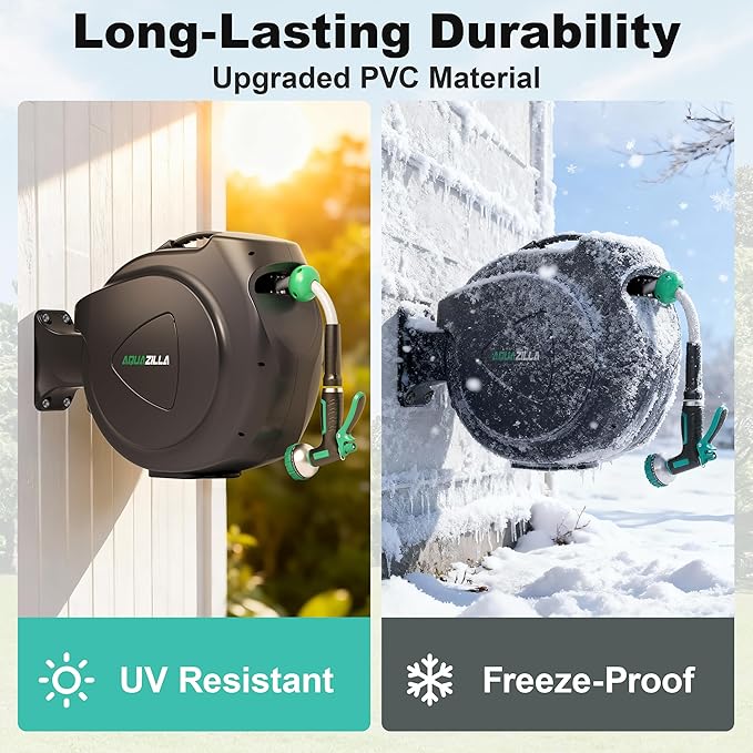 Retractable Garden Hose Reel, 100Ft x 1/2" Durable Wall Mounted Water Hose Reel with 180¡ãSwivel Bracket, 9 Pattern Sprayer, 6Ft leader hose,Smooth Automatic Rewind, Any Length Lock.