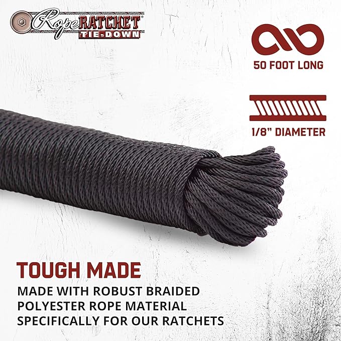 Rope Ratchet 1/8" 50 ft Braided Polyester Utility Cord, Weather Resistant Indoor Outdoor for Gardening, DIY Projects, Securing Loads, Binding, Knot Tying, Tarp Use, 75 lb Capacity - Black