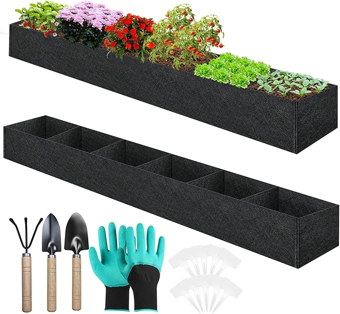 2PCS 12x2x1ft Fabric Raised Garden Bed Outdoor Patio 6 Grids Raised Planter Box Fabric Planters Grow Bags Rectangle Cloth Pots Potato Tomato Strawberry Garden Bed for Growing Vegetables Flower Herb