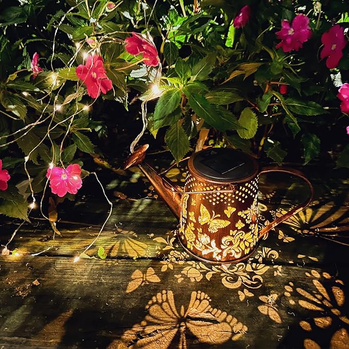 Solar Watering Can Outdoor Lights Garden Decor,Butterfly Hanging Lantern Waterproof Landscape Lights Outside Decoration for Yard Porch Patio Pathway Gardening Gifts(with 32 inch Shepherd Hook)