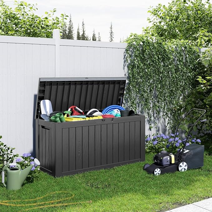 Waterproof Outdoor Storage Box, 86 Gallon Lockable Deck Box, UV-Resistant Outside Storage Bin With Hydraulic Lid For Patio Furniture, Cushion Organizer, Garden Tools, Pool Accessories, Black