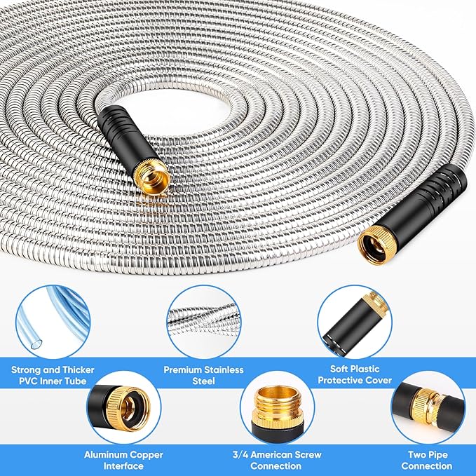 Garden Hose 50FT - Stainless Steel Water Hose with 10 Function Nozzles, No Kinks, Flexible & Lightweight, Pressure Proof, Puncture Proof, Heavy Duty Water Hose for Yard and Outdoor