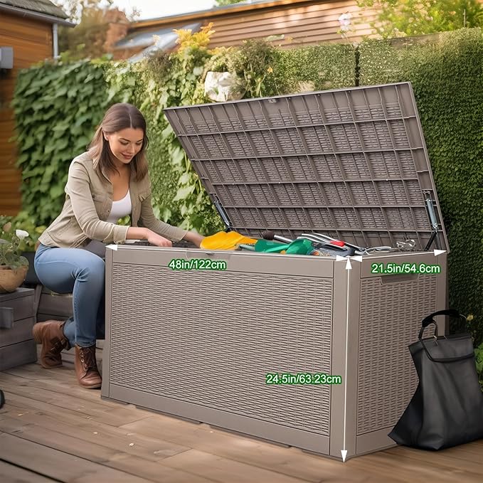 120 Gallon Resin Deck Box, Lockable Patio Outdoor Storage Box for Furniture, Garden Tools and Tools Storage, Waterproof Outside Storage Box (Grey)