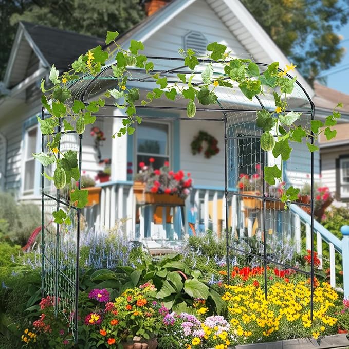 FOLLOOK Garden Arch Trellis for Climbing Plants Outdoor, Cucumber Trellis for Raised Bed, Grape Vine Tomato Bean Tall Vegetable U Frame Plant Support, Black
