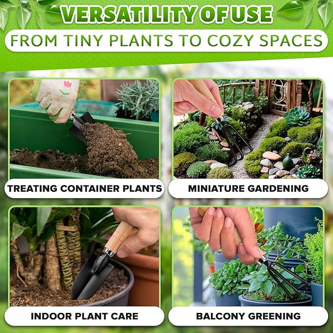 3 Pcs Mini Garden Tools for Gardening – Small Garden Tools Set with Mini Shovel, Small Trowel & Hand Rake, Rustproof Metal Build & Wood Handle – Shovels for Digging, Balcony Pots & Indoor Plant Care