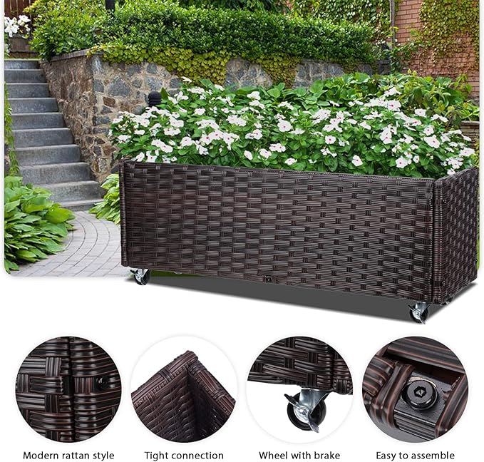 Raised Garden Bed with Wheels - Rattan Wicker Elevated Raised Garden Bed Outdoor Raised Planter Box for Vegetables Grass Lawn Yard, 38 x 14.5 x 12 in, Brown