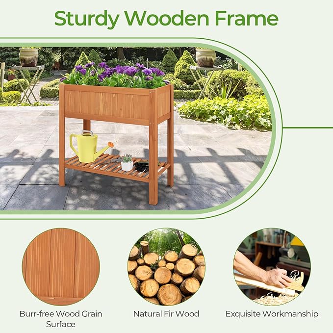 Giantex Raised Garden Bed Outdoor, Elevated Fir Wood Garden Box with Legs, Bottom Storage Shelf & Protective Liner, Planter Raised Bed for Gardening, Fruit, Vegetables, Herbs, 39" Lx20 Wx39 H