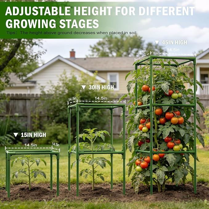 Uyittour 6 Pack Square Tomato Cages for Garden, 45" Heavy Duty Tomato Trellis Plant Support Cages for Raised Garden Bed Climbing Vegetables, Set with Garden Gloves, 40 Clips & 2 Rolls 65FT Tie Wire